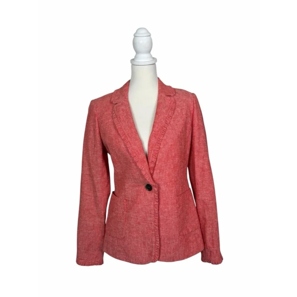 Boden Red Linen Blend Blazer Ruffle Trim Jacket Tailored UK 10 US 6 Career Chic